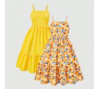 2 styles de robe à bretelles fines pour préadolescentes, ajustée à la taille, volants à l'ourlet, imprimé floral rétro, garniture, convient pour le port quotidien, les voyages, les séances photo, les
