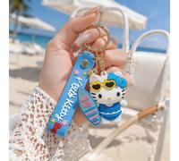 2 styles MINISO Sanrio Hello chat porte-clés planche de surf esthétique. Personnage de dessin animé mignon en maillot de bain avec lunettes de mode, sangle en silicone, ensemble de porte-clés. Charmes