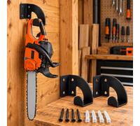 2 supports muraux de tronçonneuse pour STIHL MSA 60 | Deux crochets en métal noir dédiés à votre tronçonneuse, avec appui incurvé, rebord relevé et accessoires de fixation.