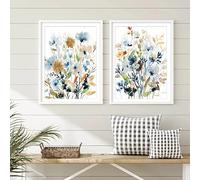 2 Tableau Fleurs Decoration Murale 21x30 Affiche Plantes Botanique Poster Aquarelle Nordique Impression sur Toile Bleu Decoration Mur Salon Chambre sans Cadre