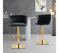 2 Tabourets de bar style art déco avec dossier et repose-pieds, chaise haute hauteur d'assise réglable pivotant 360°, noir