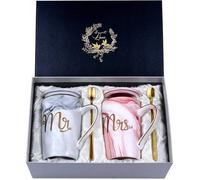 2 Tasses à Café Céramique Mr Mrs, Couvercle et Cuillère, Design Marbre Doré, Cadeau Mariage Annivers ACCESSOIRES FABRICATION MAISON