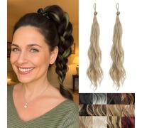 2-teilige geflochtene Perücke, postiche avec élastiques ondulés et bouclés, chignon synthétique et queue de cheval, extensions de cheveux, postiche épais pour femmes（Ash Blonde）