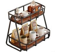 2 Tier Coffee Cup Holder Rack Iron Wood No Assembly(Medium)