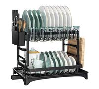 2 Tier Dish Drainers for Kitchen Sink, Large Dish Drying Rack for Kitchen Counter with and Cutlery Holder, Drainboard, Rust Proof Metal, Space Saving, Compact Plates Strainers，Black