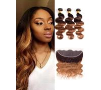 2 Tons Ombre Body Wave Hair 3 Bundles avec Frontal 13x4 Oreille à Oreille Dentelle Frontale 100% Cheveux Humains Vierges Brésiliens Non Transformés T4/30 Brun Moyen (20 22 24+18)