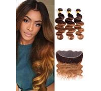 2 Tons Ombre Body Wave Hair 3 Bundles avec Frontal 13x4 Oreille à Oreille Dentelle Frontale 100% Cheveux Humains Vierges Brésiliens Non Transformés T4/30 Brun Moyen (18 20 22+16)