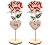 2 unité Cadeau Romantique gravé au Laser,Rose Rouge en Bois sculptée sur Plaque Murale - Personnalisation de Texte pour Anniversaire, Mariage Fête des Mères - Décoration de Bureau ou Table avec Base