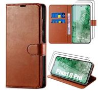 2 Verres Trempés + Coque pour Google Pixel 8 Pro, Coque Portefeuille Anti-Rayure Effet Cuir Marron
