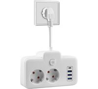 2 Way Power Strip With Usb, Dual Socket For Power Outlet, With Switch, Wall Socket Adapter, With 4 Usb, Distribution Socket With Usb And Switch, White