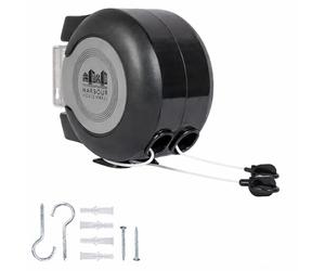 2 x 15M Étendoir à Linge Rétractable à Double Cordon - Noir - 1x Extensible Plein Air l'Intérieur Robuste Fort Fixation Murale Double Vêtements Séchage Séchoir Bobine - par Harbour Housewares