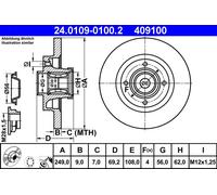 2 x ATE 24.0109-0100.2 Disque de frein pour CITROËN,DS,OPEL,PEUGEOT,VAUXHALL
