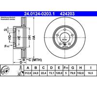 Disque de frein ATE 24.0124-0203.1 avant, ventilé, à haute teneur en carbone, 1 pièce
