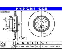 2 x ATE 24.0124-0216.1 Disque de frein pour BMW