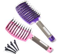 2 x Boar Bristle Hair Brush,Anti-Tangle Hair Brush for Women,Men and Children with 4 Hair Pins.[O56]