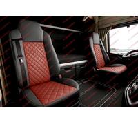 2 x Housse de Siège sur Mesure en Similicuir Rouge - Noir Couvre-Siège 1+1 Ceinture Incorporée Cuir PU Rembourré Premium Luxe Pour Camion Poids Lourd Compatible avec Iveco Stralis S-Way 2021+