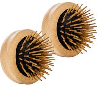 2 x Mini Folding Hairbrush with Beech Wood Nubs,Round and Compact