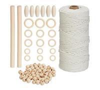 2 x Set de macramé, kit 73 pièces avec Perles et Anneaux en Bois, 109 m de Fil de Coton 3 mm, débutants, Blanc/Nature