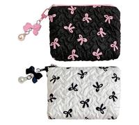 2 x Small Makeup Bag for Handbag, Portable Travel Toiletry Bag with Embossed Pleated Texture, Bow and Pearl Pendant, Women for Travel, Cosmetics