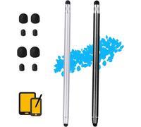 2 x Stylus for Touch Screen, Stylus for Tablet 2 in 1 Rubber Stylus Touch Stylus Universal Typing Stylus with 8 x Replacement Tips (Black + Silver)