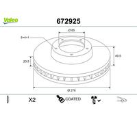 2 x VALEO 672925 Disque de frein pour AUDI,SEAT,SKODA,VW