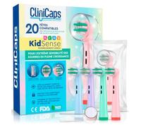 20 Brossettes Souples Brosse à Dents Électrique CliniCaps KidSense Poils Souples Enveloppants Gencives Sensibles Compatible avec Oral-B Enfants Double Protection Sachet Aseptique Capuchon Protecteur