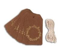 20 étiquettes kraft 4,5 x 8 cm Couronne de fleurs dorée & ficelle Marron G