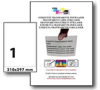 20 ex Etiquette adhésive en polyester transparent BRILLANT laser A4 (210 x 297) 1 étiquette par planche, pour imprimante LASER Étiquette autocollante pour tout support lisse (plastique, verre, métal) résistante aux graisses et à l'humidité. Idéal pour crée vos étiquettes pour flacons, bidons, boites, affiche, panneau, Stickers, étiquetage pharmaceutique, étiquetage cosmétique pour des surfaces d'aspect brillant ou l'étiquette doit rester invisible ref UGEPEA4-B