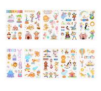 20 Feuilles 10 Styles Tatouage Enfant Cirque, Tatouage Carnaval Clown Éléphant Ballon Phoque Ours Cheval Tatouages de Dessin Animé Autocollants de Carnaval pour Fête