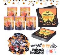 20 Halloween Serviettes + 12 Décorations de Table Photophores + Confettis Halloween, Motifs Citrouille Chauve-souris Fantôme, Décoration de Table pour Fête Halloween, Soirée à Thème