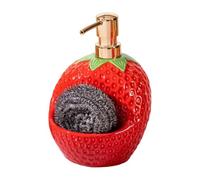 20 Oz Strawberry Shape Ceramic Refillable Liquid Lotion Bottle | Soap Dispenser Bathroom Hand Pump with Sponge Holder Stylish Countertop Organizer for and Storage Kitchen Vanity Shower Dish Sink
