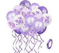 20 Pièces Ballons Papillon Violets,1 Rouleau De Ruban Violet,Papillons De Décoration D'anniversaire,Décorations D'anniversaire Violettes,Ballons En Aluminium Papillon Bleu Et Violet