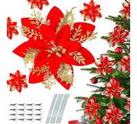20 Pièces Fleurs de Noël avec Clip, Fleurs de Poinsettia Glitter de Noël pour Décoration,avec 12 Poinsettia artificielles pour Sapin de No ël ((Doré Rouge))