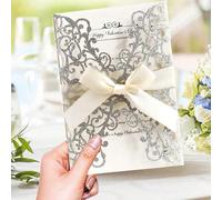 20 pièces Invitation de mariage, invitation de mariage en forme de rose creuse dorée scintillante avec enveloppes et cartes de réponse RSVP, rubans en satin prénoués, pour mariage, anniversaire, showe
