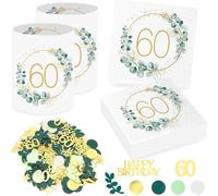 20 Pièces Serviettes 60e Anniversaire+12 Pièces Photophores Décorations de Table pour 60 Anniversaire, Confettis 60e Anniversaire, Serviette Eucalyptus Homme Femme 60 Anniversaire Decoration