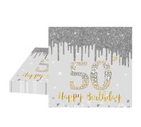 20 Pièces Serviettes Anniversaire 50 Ans, Serviettes Argent Or Decoration Anniversaire, 3 Plis 33x33cm Serviettes Cocktail en Papier 50 Happy Birthday pour Fête Anniversaire Vacances Célébration