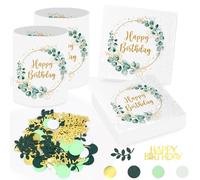 20 Pièces Serviettes Happy Birthday + 12 Pièces Photophores Décorations de Table pour Anniversaire, Confettis Eucalyptus Serviette Homme Femme Anniversaire Decoration