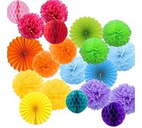 20 Pompons Multicolore Décoration Anniversaire, Pompoms Fleurs en Papier de Soie, Eventailes et Boules en Papier Guirlandes Deco Carnaval -20 Pcs-