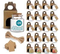 20 Pots en Verre Carrés 40 ml avec Bouchon en Liège+20 Boîtes+Ficelle de Jute : Parfait pour Épices, Confitures, Cadeaux Mariage