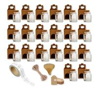 20 Pots en Verre Carrés 40ml avec Bouchon en Liège + 20 Boîtes Kraft + 20 Cuillères + Étiquettes Autocollants + 20 Étiquettes Kraft + Ficelle de Jute | Bocaux pour Épices, Confiture, Yaourt