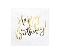 20 Serviettes en papier happy birthday blanches et dorées 33 x 33 cm - Blanc