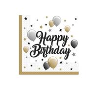 20 Serviettes en papier happy birthday doré noir argent 33 x 33 cm - Noir
