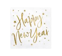 20 Serviettes en papier happy new year blanches et dorées 33 x 33 cm - Blanc