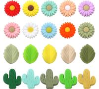 20 X Coloured Silicone Beads 30 Mm 3 Styles Cactus Daisy Flower And Green Leaves Shaped For Key Ring Pen Beads Diy Jewellery Making Braided Bracelet