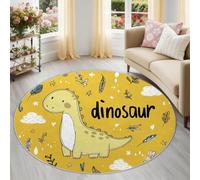200 cm Tapis de Salon Rond à Poils Courts, Dinosaures Dessins Animés Animaux Feuilles Nuages Tapis de Sol Décoratif Doux et Confortable, Jaune Lavable et Antidérapant pour Salon Chambre
