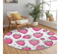200 cm Tapis de Salon Rond à Poils Courts Sol Doux et Confortable, Fraise Aquarelle Fruit Rose Vert Imprimé Antidérapant Tapis Décoratif Rond pour Salon Chambre