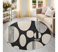200 cm Tapis de Salon Rond à Poils Courts, Vintage Bohème Tapis de Sol Décoratif Doux et Confortable, Noir Blanc Arches Ovales Grain de Bois Lavable et Antidérapant pour Salon Chambre Entrée