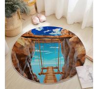 200 cm Tapis Rond Fantaisie Pont en Bois Falaise, Brun Imitation Cachemire Douce Tapis Circulaire Imprimé Antidérapant Lavable pour Salon Chambre Cuisine Salle à Manger