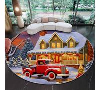 200 cm Tapis Rond Noël Camion Maison Neige, Rouge Blanc Imitation Cachemire Douce Tapis Circulaire Imprimé Antidérapant Lavable pour Salon Chambre Cuisine Salle à Manger