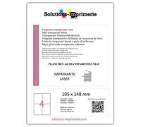 200 ex Étiquette Transparente polyester mat 105 x 148 soit 50 planches pour IMPRIMANTE LASER seulement, étiquette synthétique plastique autocollante transparente - résistante à l'eau et aux huiles.